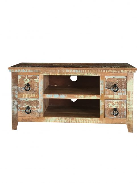 Hand-carved re-claimed natural mango hardwood small media unit Hand-carved re-claimed natural mango hardwood small media unit