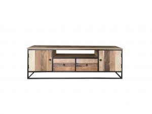Industrial reclaimed mango wood TV stand with metal legs.