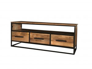 Industrial style 140 cm light mango wood 3-drawer TV stand-media unit with metal frame