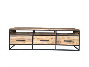 Industrial style 170 cm light mango wood 3-drawer TV stand-media unit with metal frame