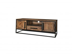 Industrial style light mango wood 2-door 1-drawer low TV stand-media unit with metal frame