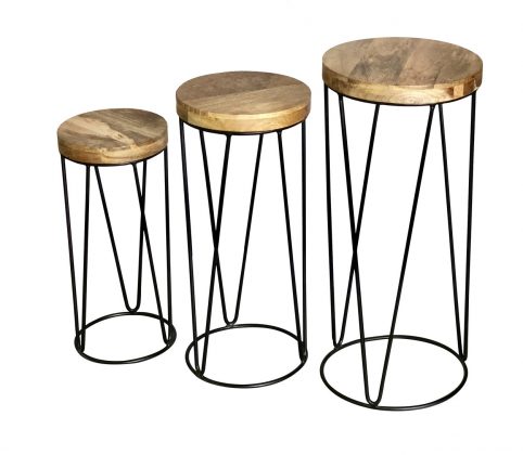 Industrial style light mango wood top round stool set of 3 pcs with metal frame