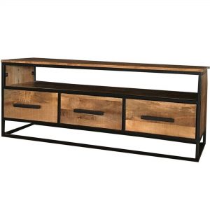 Industrial Style Light Mango Wood 3-drawer TV Stand Media Unit with Metal Frame