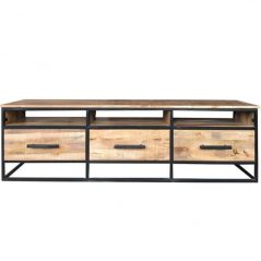 industrial style light mango wood TV stand with 3 drawers and metal stand