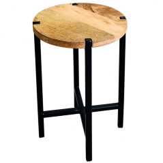 industrial style light mango wood round stool side table with metal iron stand