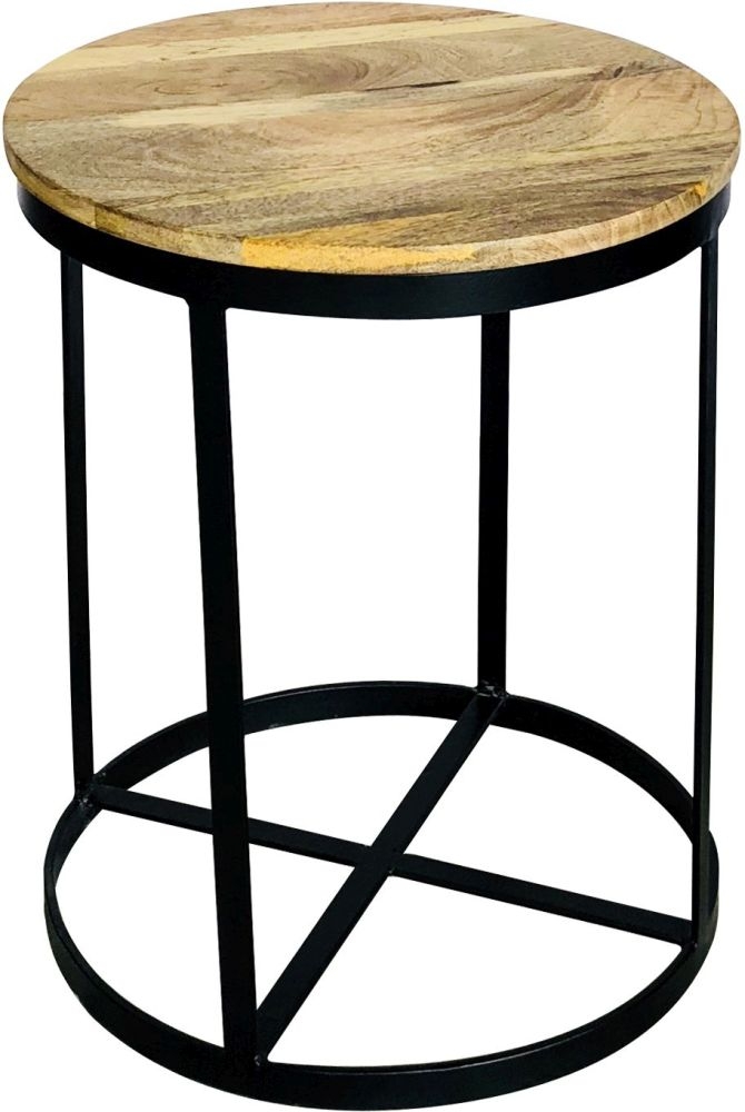 Light Mango Wood Round Side Table, Small Round Metal Side Table
