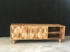 light mango wood TV stand media unit with hexagonal patterns