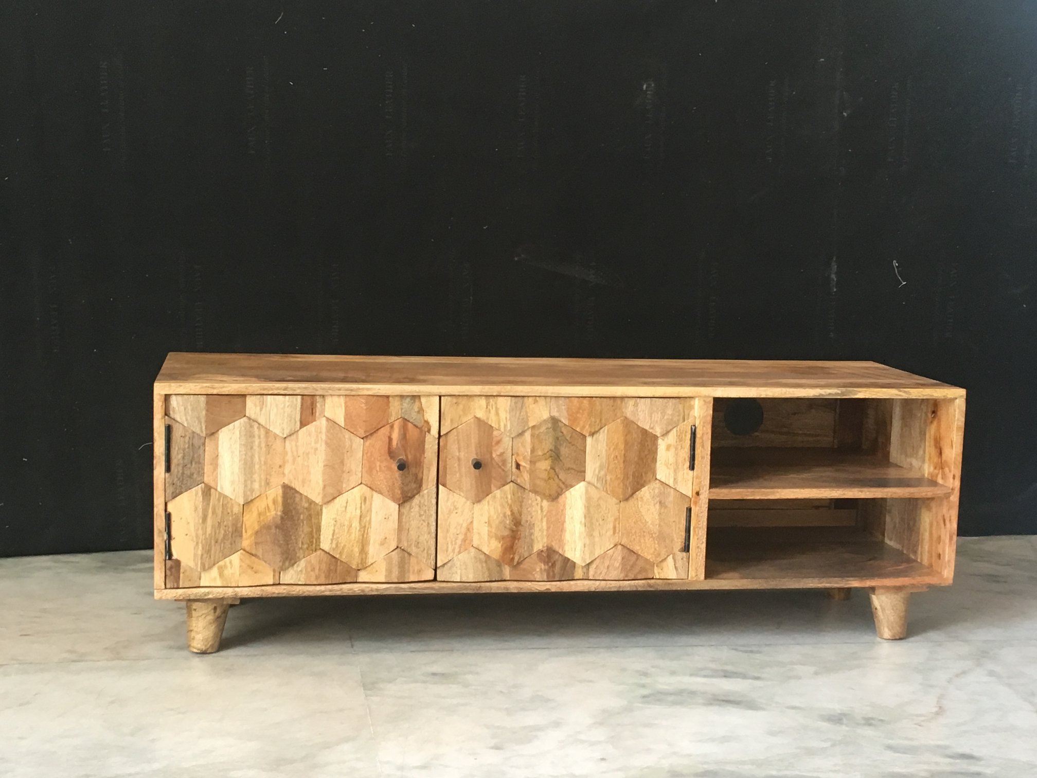 Light Mango Wood Tv Stand Media Unit With Hexagonal Patterns Light Mango Wood Tv Stand Media Unit With Hexagonal Patterns