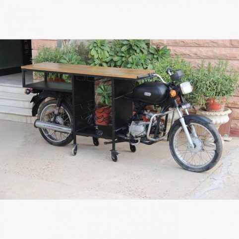 upcycled motorbike bar table with wine rack