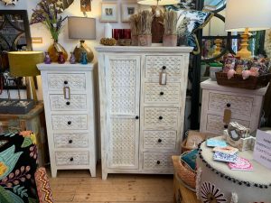 white washed handcarved mango wood chest of drawers tallboy