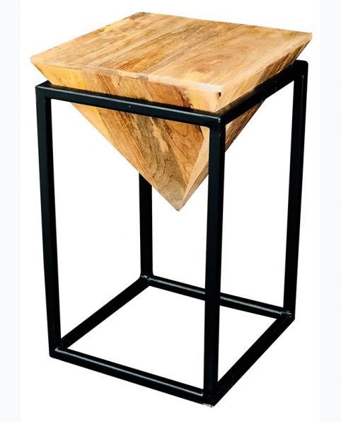industrial style pyramid shape light mango wood side table with solid iron stand
