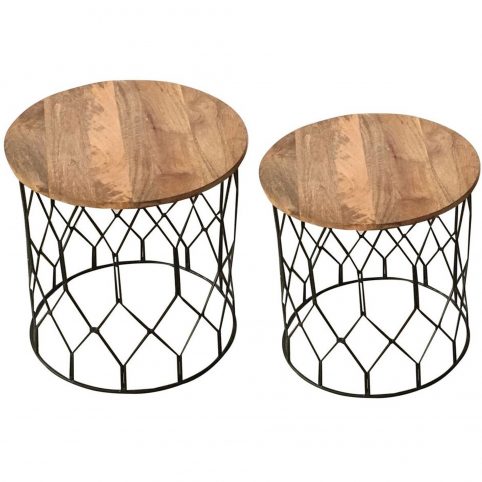 Detailed Industrial Style Light Mango Wood Side Tables (Set of 2)