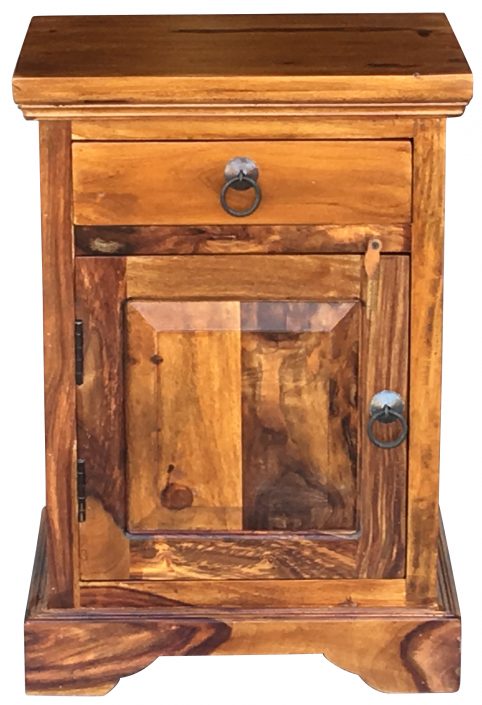 Sheesham wood bedside table with one drawer and one door (open to the left) Sheesham wood bedside table with one drawer and one door (open to the left)