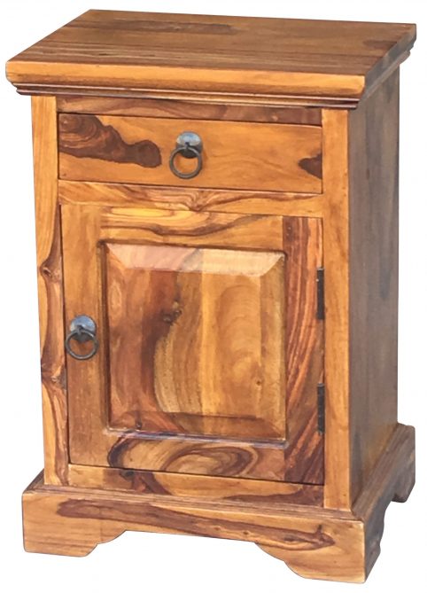 Sheesham wood bedside table with one drawer and one door (open to the right) Sheesham wood bedside table with one drawer and one door (open to the right)