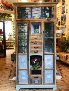 Shabby chic Bohemian style Painted green storage cabinet apothecary cabinet chest of drawers with lots of drawers
