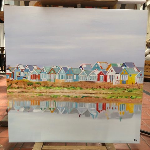 handpainted oil on canvas ''beachhuts on Mudeford'' hadpainted oil on canvas "beachhuts on Mudeford"