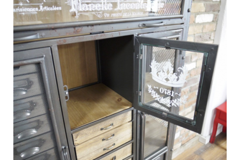 Multi Drawer Storage Cabinet, Industrial Bookcase With Glass Doors And Drawers