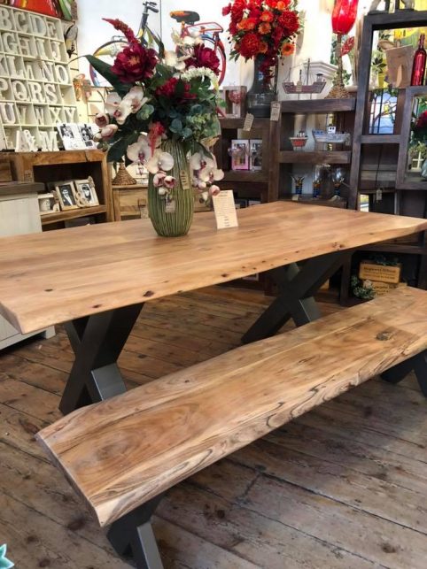 Contemporary Solid Wood Industrial Style Dining Table with solid metal legs