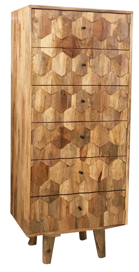 retro style light mango wood chest of 6 drawers with hexagonal pattern