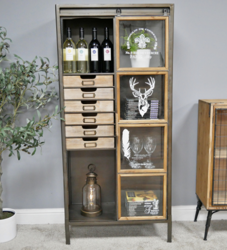 Vintage style industrial metal storage display cabinet with stag