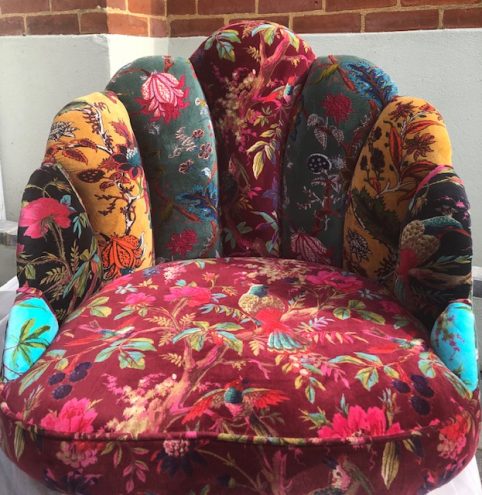 a closer look at the fabric Bohemian style fan shaped colorful floral chair