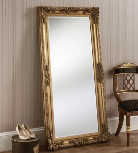 large Rococo style gold colour Dorset leaning bedroom mirror with handcarved wooden frame