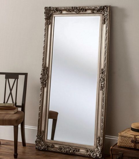large Rococo style silver color Dorset leaning bedroom mirror with handcarved wooden frame