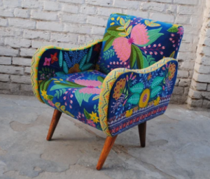 hand embroidered colourful butterfly Bohemian style blue cotton velvet occasional armchair