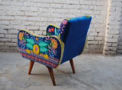 Hand embroidered colourful butterfly blue cotton velvet armchair
