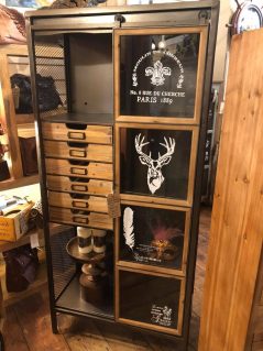 industrial style metal storage cabinet with stag design and glass door
