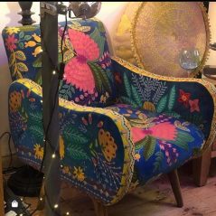 unique hand embroidered colorful butterfly cotton velvet occasional chair in blue