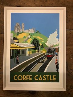 vintage style print of Corfe castle with train