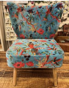 Colourful tropical birds cotton velvet occasional chair in blue