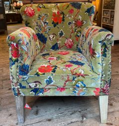 Bohemian style colorful floral pattern green cotton velvet occasional armchair with great back support