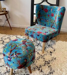 teal color tropical birds cotton velvet chair for boho home