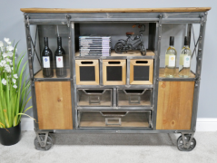 Industrial storage cabinet with wheels and wooden sliding doors