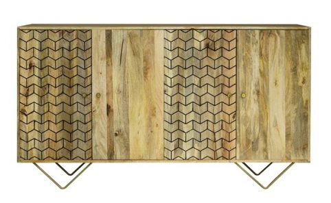 Retro Style Light mango wood four door sideboard with brushed brass effect iron legs