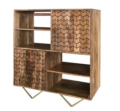Retro Style Light Mango Wood Bookcase / Storage Cabinet with brushed brass effect iron legs