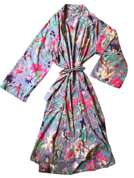 birds of paradise cotton kimono dressing gown in grey