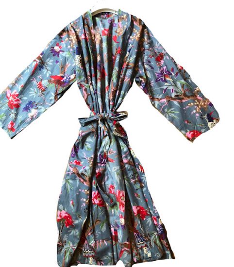 birds of paradise kimono dressing gown robe in light blue