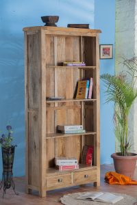 solid light mango wood 2 drawer large bookcase lifestyle