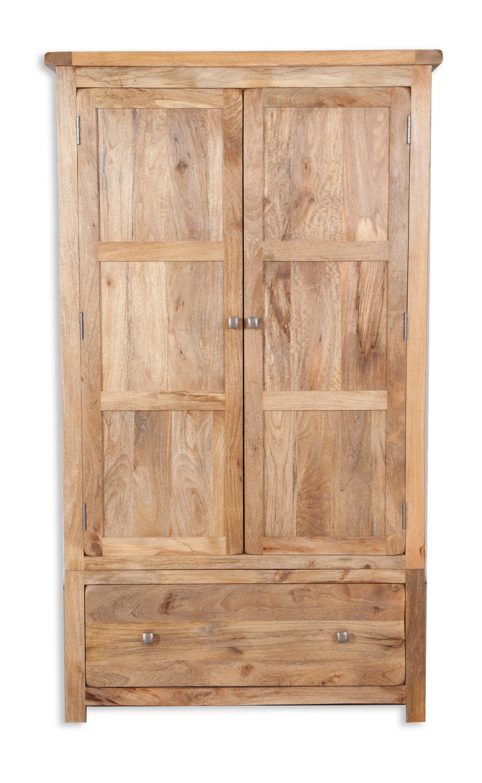 solid light mango wood 2 door wardrobe with 1 drawer