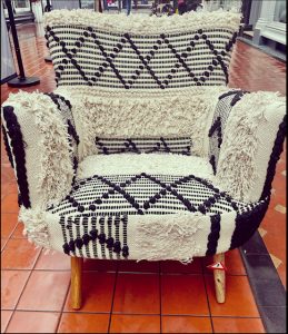 black & white Bohemian style shaggy fabric armchair