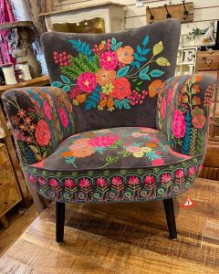 hand embroidered grey bloomingvile floral cotton velvet armchair