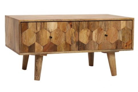 Handcarved hexagonal pattern light mango coffee table with drawer