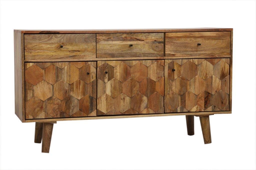 Handcarved hexagonal pattern light mango wood 3- door sideboard