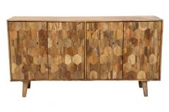 Handcarved hexagonal pattern light mango wood 4- door large sideboard