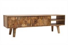 Handcarved hexagonal pattern light mango wood TV stand media unit