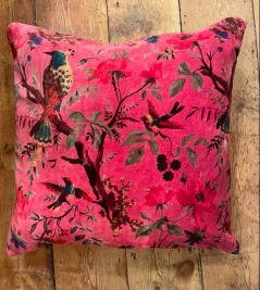 pink floral tropical birds cotton velvet cushion