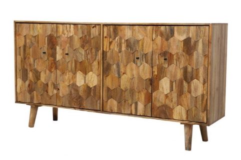 unique light mango large sideboard Handcarved hexagonal pattern light mango wood 3- door sideboard